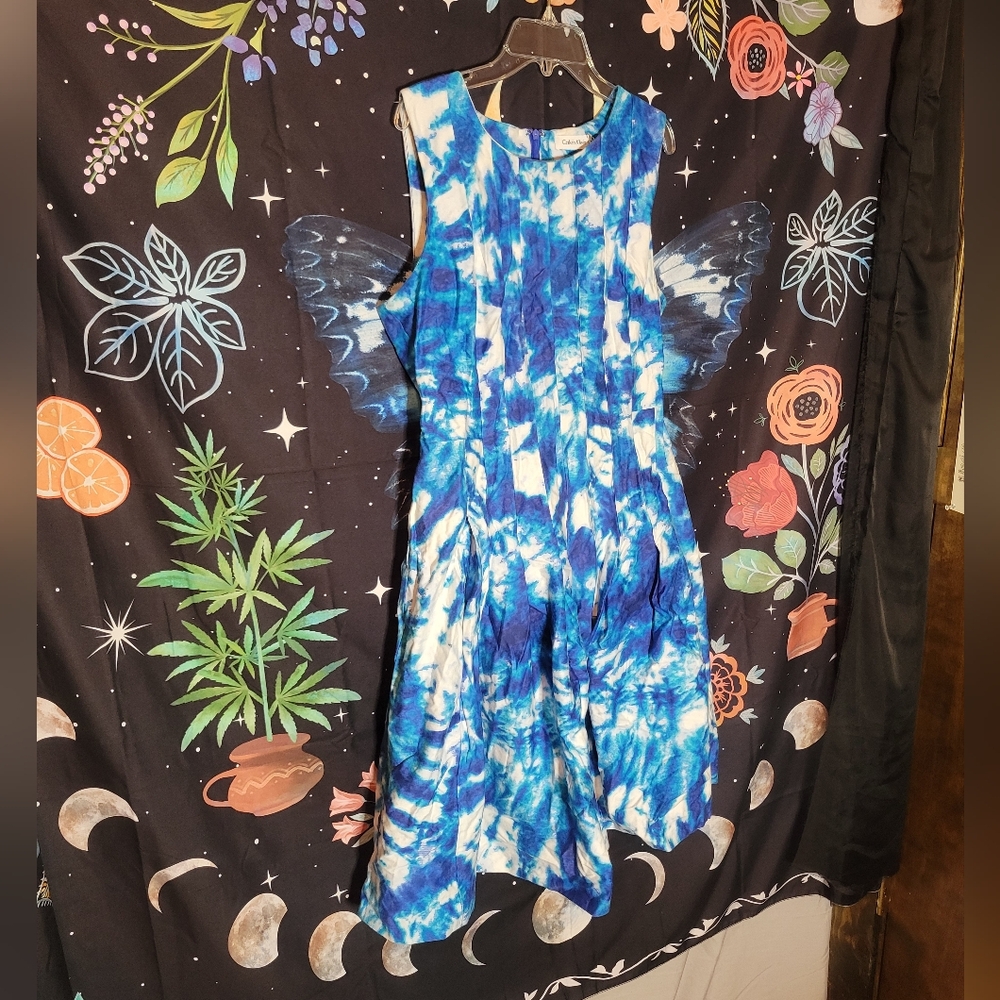 CALVIN KLEIN Royal Blue Tie Dye Sleeveless Fit & Flare Pleated Dress Size 12